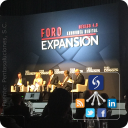 Juan Pablo Castañón, Presidente del CCE; Blanca Treviño, Presidente de Softek; Carlos Hank González, Presidente de Banorte; Enrique de la Madrid, Secretario de Turismo MX y Manuel Rivera Raba, CEO de Grupo Expansión MX durante el panel La Evolución Digital y la Economía en México